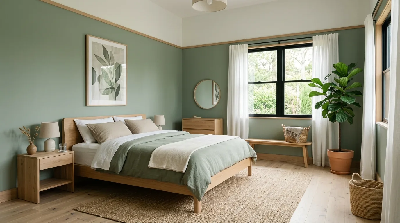 Layer white and cream bedding to keep the palette light inspiration for a sage green bedroom.